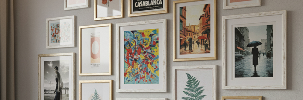 Collage av olika postermotiv - film, konst, foto, typografi